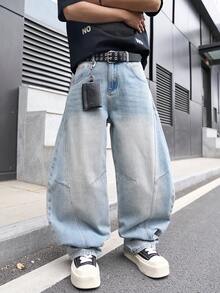 Manfinity EMRG 男士时尚街头风宽松水洗弧形裤脚裤 - 淺色水洗藍 - 查看 7