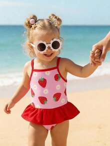 SHEIN Baby Girl Floral & Strawberry Print Ruffle Casual Beach Vacation Spaghetti Strap One-Piece Swimsuit - Multicolor - View 4