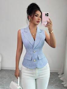 Elenzga Women's Striped Sleeveless Lapel Front Button Casual Versatile Thin Blazer - Blue and White - View 1