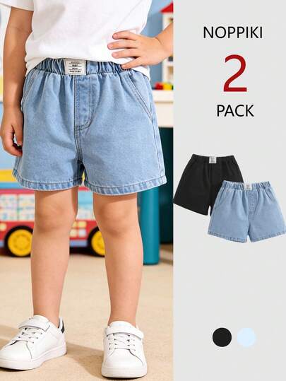 2pcs Young Boys' Casual Style Denim Shorts, Black & Medium Blue, Loose Straight Fit, Soft & Comfortable Fabric, Suitable For School, Commute, Daily Wear, Spring/Summer