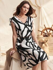 Zovinel 女士时尚夏季黑白花卉V领无袖系带露肩复古编织腰带竹纤维舒适面料百搭通勤日常街头优雅中长连衣裙 - 黑與白 - 查看 1