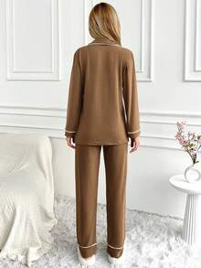 SHEIN Tall TALL SIZE 100%Cotton Women Binding Detail Homewear Pajama Set - Mocha Brown - View 5