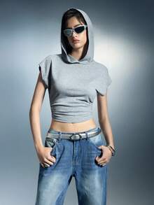 Breezaya Petite 女士无袖连帽束腰卫衣，夏季休闲街头风 - 灰色 - 查看 4