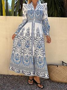 DAZY 复古宫廷风优雅荷叶边V领单排扣灯笼袖收腰A字印花长连衣裙 - 藍色 - 查看 1