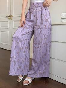 DAZY Women's Elegant Floral Print Wide Leg Maxi Pants, Spring/Summer - Purple - View 8