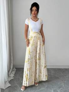 Elenzga Women's Pleated Metallic Casual Versatile Wide Leg Pants For Daily Wear - Apricot - View 4