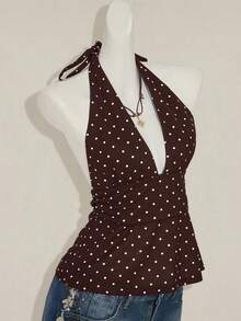 SHEIN ICON 女士度假波点印花荷叶边性感吊带背心 - 棕色 - 查看 8