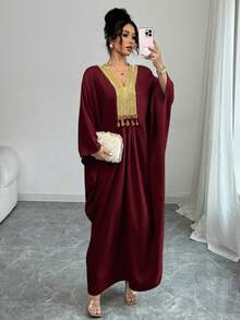 Elenzga Đầm vải lanh dáng rộng kiểu Trung Đông với cổ áo vàng. - Màu Đỏ Sâu - Xem 3