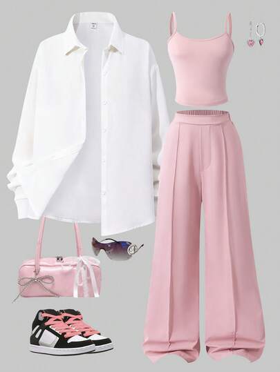 Sparklyn 3pcs/Set Teenage Girls' Casual Commute Gentle Fresh Floral Print Lightweight Shirt, Basic Camisole, And Solid Color Wide Leg Pants, Spring/Summer Fall Winter