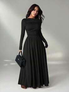 SHEIN PETITE Đầm nữ thanh lịch màu trơn, thắt eo - màu đen - Xem 6