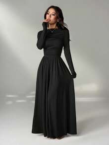 SHEIN PETITE Đầm nữ thanh lịch màu trơn, thắt eo - màu đen - Xem 10