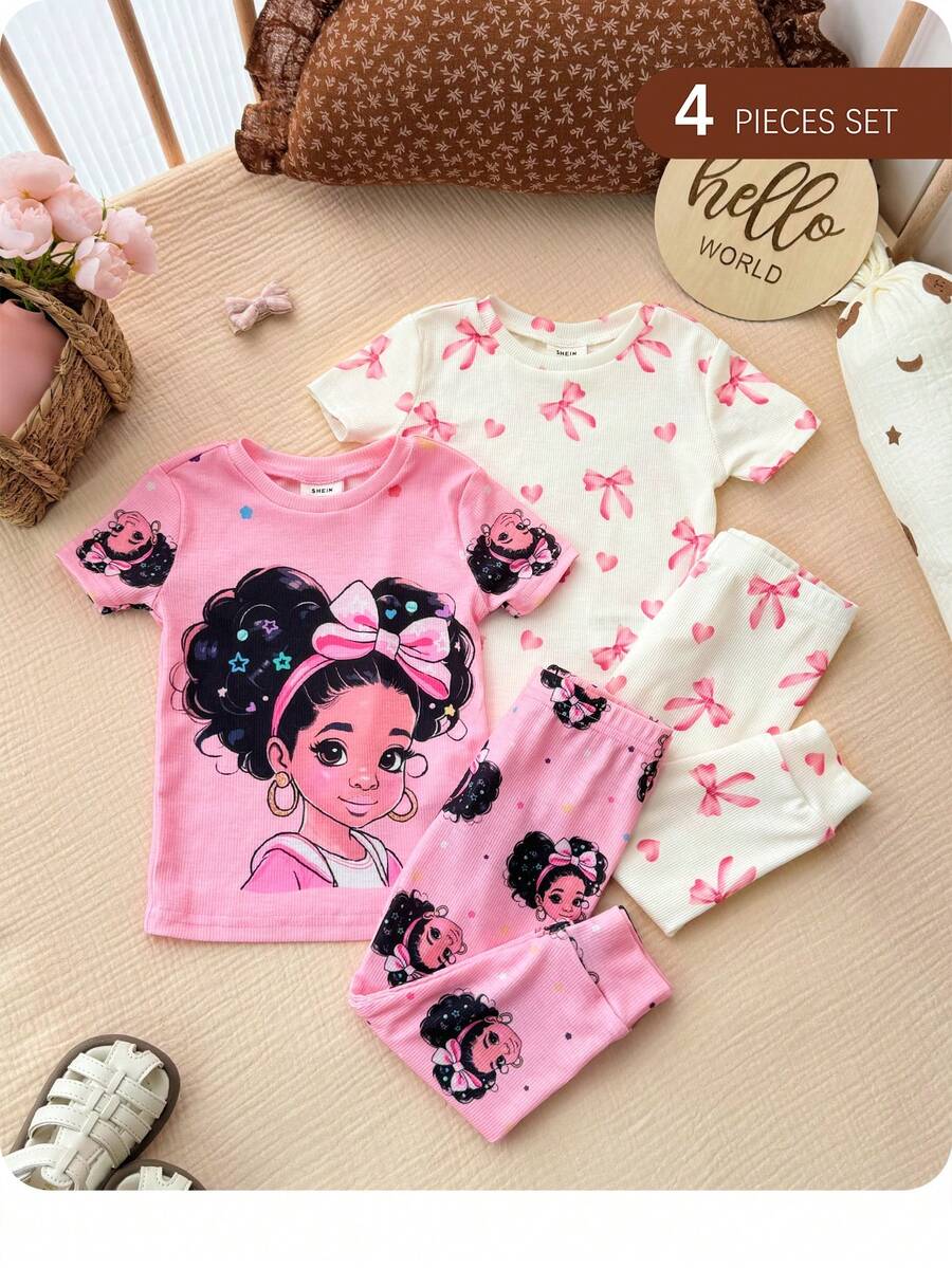 SHEIN 女婴可爱夏季紧身针织卡通图案短袖睡衣套装 - 粉色 - 查看 1