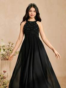 少女黑色蕾丝刺绣连衣裙，串珠装饰，正式礼服，春夏款，花童，生日派对，涤纶弹力轻盈长款无袖圆领蕾丝镂空连衣裙 - 黑色 - 查看 6