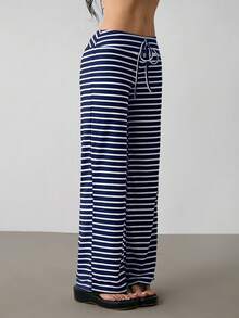 SHEIN PETITE Women's Low Waist Striped Brushed Drawstring Yoga Loose Pants For Home - Navy Blue - View 7