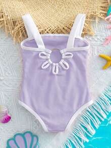 SHEIN Random 1pcs, Send 1pc Baby Girl Cute Black Hollow Flower Decor Romper Swimsuit For Summer - Purple - View 9
