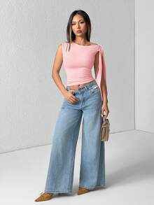 SHEIN PETITE 女士时尚纯色不对称肩带系带修身上衣 - 粉色 - 查看 6