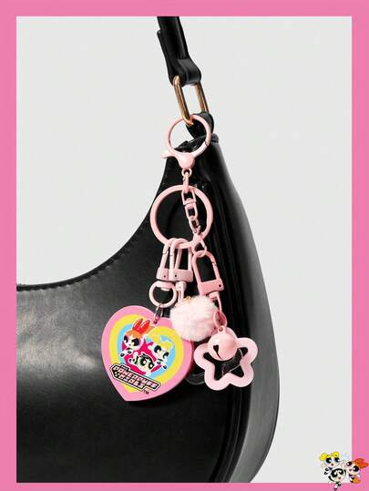 THE POWERPUFF GIRLS X SHEIN 1 pieza Llavero de Las Chicas Superpoderosas con amor, colgante de campana en forma de corazón rosa para niña, accesorio de colgante de bolso de dibujos animados