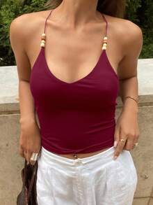 DAZY Women's Beaded Halter Neck Elastic Backless Casual Summer Tank Top - Red - View 4
