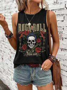 SHEIN LUNE Áo tank top nữ kiểu dáng thường ngày, đa năng, họa tiết lễ hội âm nhạc, hình bộ xương và nhạc cụ, phong cách lễ hội nhạc đồng quê. - màu đen - Xem 6