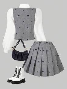 Sparklyn 3 件套女童春秋新款翻领长袖白衬衫、灰色蝴蝶结印花下摆设计背心、百褶裙可爱优雅时尚校服套装 - 灰色 - 查看 2