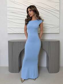 Jemour 夏季服装、日常约会和旅行装、派对装、优雅女士内衣、外出装、斜肩不对称加长鱼尾裙、俱乐部女士装、约会装、宴会礼服 - 淺藍色 - 查看 4