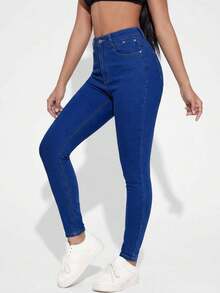 Flexra Calça Jeans Skinny Minimalista Casual para Uso Diário Feminino - Azul - Visão 3