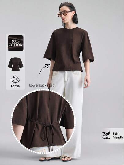 Ontre 2026 New Early Brown Structural Line Waist T-Shirt Dress, Doll Collar Long Dress, Suitable For Modern Urban Party, Back To School Season, Urban Minimalist Fashion Casual Daily, Bohemian Style, Vacation, Festival, Spring