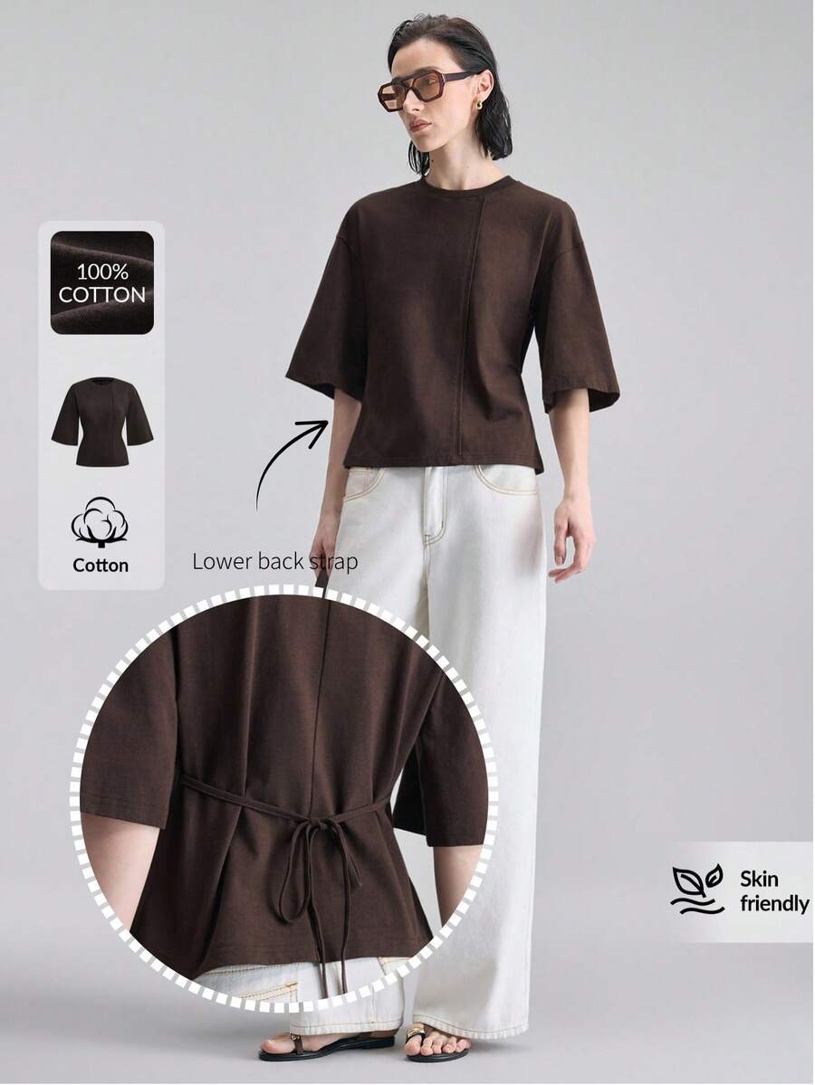 Ontre 2026 New Early Brown Structural Line Waist T-Shirt Dress, Doll Collar Long Dress, Suitable For Modern Urban Party, Back To School Season, Urban Minimalist Fashion Casual Daily, Bohemian Style, Vacation, Festival, Spring - Coffee Brown - View 1