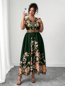 Elenzga 大码女式时尚百搭泰国马尔代夫海滩度假波西米亚印花收腰V领喇叭袖连衣裙，春夏款 - 墨綠色 - 查看 4