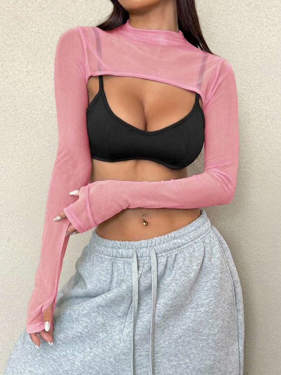 SHEIN EZwear Pink Sheer Mesh Mock Neck Tight Top,Pink Top - Pink - View 1