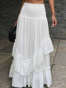 Livesso Falda suelta de mujer con dobladillo de volantes de encaje blanco y parches, adecuada para fiestas de Pascua, vacaciones de verano, primavera y verano - Blanco - Ver 3