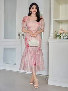 DAZY Women's Elegant Floral Print Square Neck Puff Sleeve Fishtail Midi Dress, Summer Wedding Guest Dress - Pink - View 6