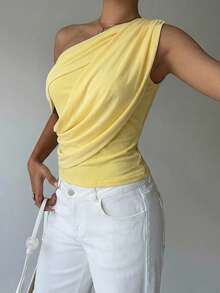 Aloruh Kaos Wanita Romantis dengan Detail Kerutan dan Lipatan di Bagian Leher, Cocok untuk Liburan Musim Semi/Panas - Kuning - View 5