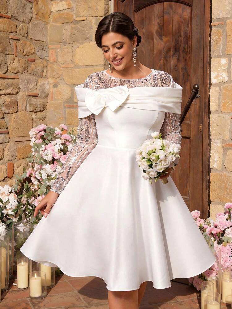 Aureia 大码优雅奢华白色串珠刺绣拼接褶皱蝴蝶结装饰长袖A字裙摆连衣裙，适合晚宴、约会、舞会、婚礼、新娘送礼会、情人节等场合。 - 白色 - 查看 5