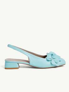 CUCCOO CHICEST 女士时尚浅蓝色立体花朵后跟带低跟方头通勤百搭优雅派对度假平底露跟鞋 - 天藍 - 查看 3