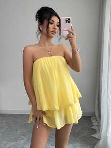 Zolique 奶油黄色无肩带迷你雪纺连衣裙，浅黄色夏日连衣裙，女士约会装，女士夏日连衣裙，蜜月装，婚礼宾客礼服，海岛度假连衣裙，女士吊带裙，优雅派对礼服，女士生日装，女士沙滩装 - 黃色 - 查看 6