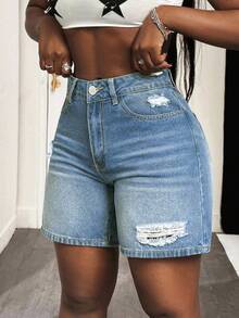 SHEIN CURVE+ Quần short denim rách màu xanh dương gợi cảm dành cho nữ cỡ lớn, thích hợp cho mùa hè. - Rửa trung bình - Xem 8