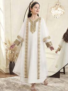 SHEIN Tween Girl Gold Ribbon Contrast Mesh Cardigan V-Neck Dress 2 Pieces Set Abaya For Kids Girls Arabic White And Abayas - White - View 2