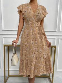 EMERY ROSE 花卉印花蝴蝶袖侧边打结连衣裙酒红色长款女装 - 卡其色 - 查看 4