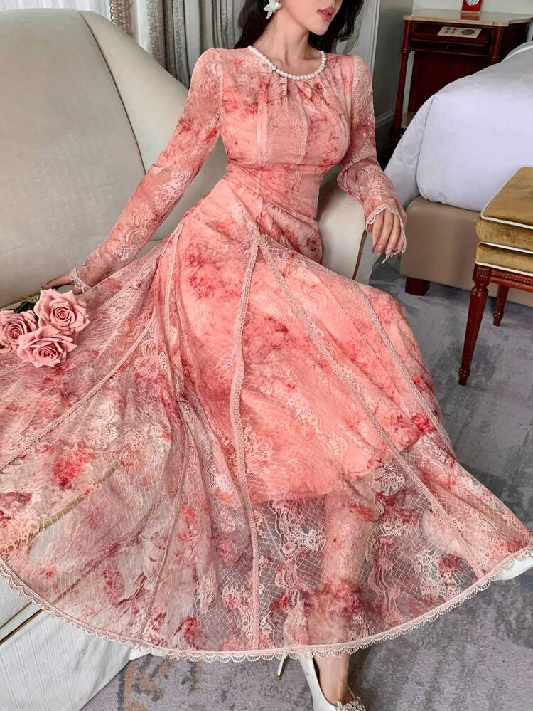 Women's Round Neck Faux Pearl Splice Waist Cinched Tie Dye Gradient Mesh Dress Sundress