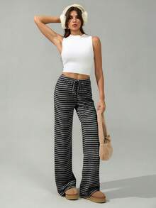 SHEIN Tall Quần dài nữ cạp thấp kẻ sọc nâu mới, thích hợp cho mùa Thu/Đông. - màu đen - Xem 8