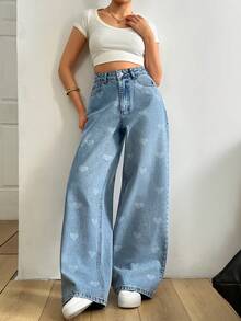 SHEIN 夏季休闲水洗心形喇叭牛仔裤 - 中等水洗藍 - 查看 5