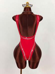 Amplova Body sexy con escote bajo y espalda descubierta con adornos de strass para mujeres - Rojo - Ver 4