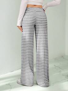 SHEIN Tall 女士休闲条纹低腰抽绳运动裤，阔腿瑜伽/家居裤，秋冬季适合外出穿着 - 淺灰色 - 查看 2