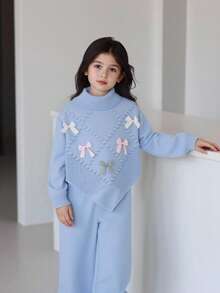 SHEIN Vintaside Kids 2件組少女淺藍色冬季仙女風休閒針織毛衣與寬腿褲套裝，可愛花朵與蝴蝶結裝飾柔軟兩件式針織套裝 - 藍色 - 查看 8