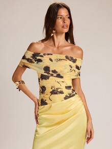 SHEIN BAE Yellow Floral Print Off-Shoulder Sleeveless Mesh & Satin Mermaid Maxi Dress, Elegant Maxi Dress, Vacation Dress, Bridesmaid Dress, Birthday Party Dress, Back To School/Graduation Dress - Light Yellow - View 5