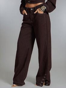 Denimoi Jeans rectos con detalle de botones y abertura en el tobillo, moda de ropa de calle de mezclilla sobre mezclilla para invierno - Café integral - Ver 2