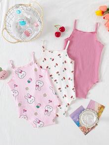 SHEIN Playful Pals 3pcs Baby Girls' Comfortable Versatile Minimalist Solid Color Knit Camisole Romper Set, Spring/Summer - Multicolor - View 2