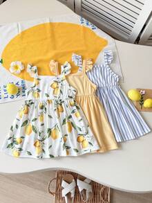 Playful Pals 3pcs/Set Baby Girl Lemon Print Blue & White Striped Ruffle Sleeve Dress, Versatile For Summer Outings, Photo Shoots Or Daily Wear - Multicolor - View 2