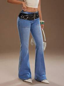 TRNVIE Quần jeans ống loe cạp cao, túi vá, dáng suông, thời trang thường ngày. - Rửa nhẹ - Xem 4